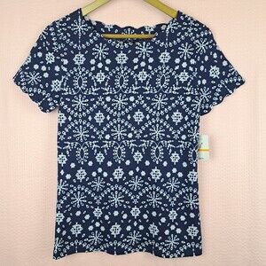 NEW Rafaella Women Knit Top Scalloped Edge Navy Blue Size S Casual